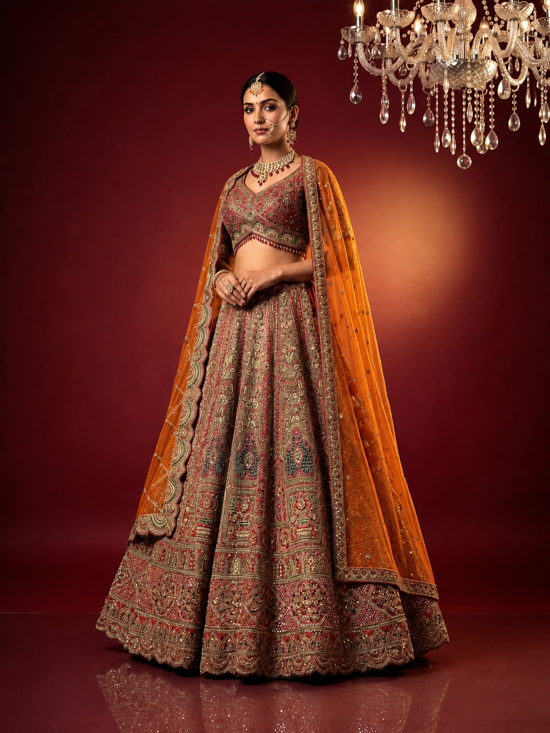 Full-length view of a bridal rust lehenga with heavy stonework and sequin detailing on tissue silk.
