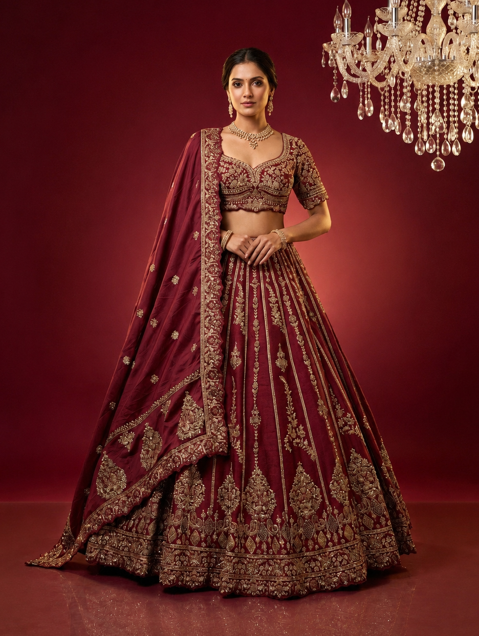 Full-length view of a bride wearing a maroon bridal lehenga with a heavy flare and matching dupatta, standing in a royal setting.