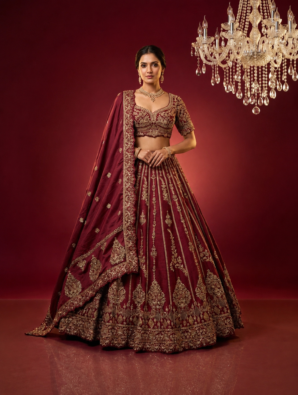 Full-length view of a bride wearing a maroon bridal lehenga with a heavy flare and matching dupatta, standing in a royal setting.