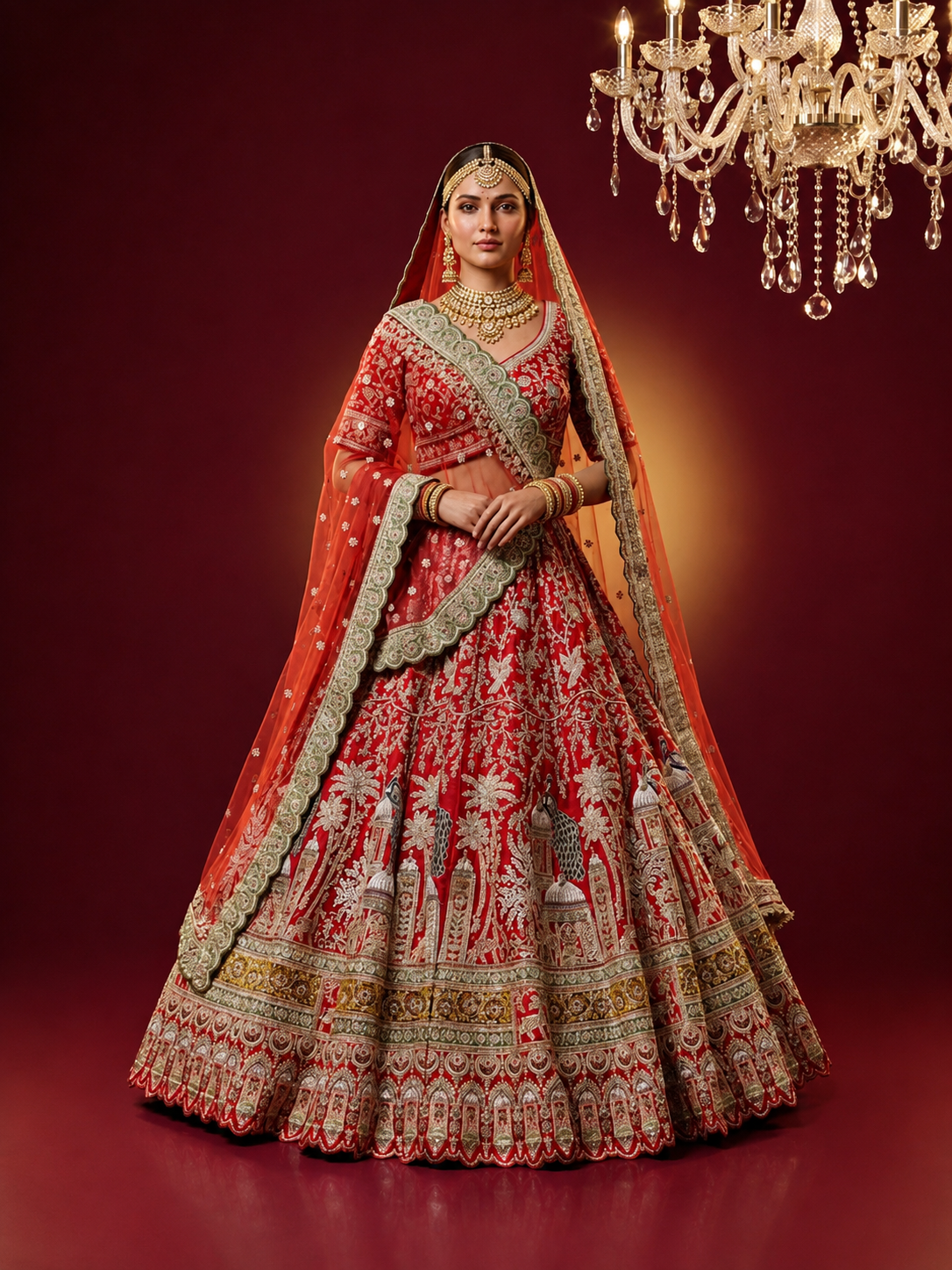 Full-length view of a traditional red bridal lehenga featuring manual embroidery and a sheer dupatta.