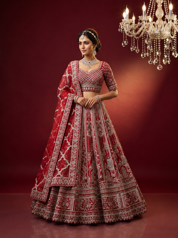 Full-length view of a wedding red bridal lehenga with a grand flare and intricate border work.
