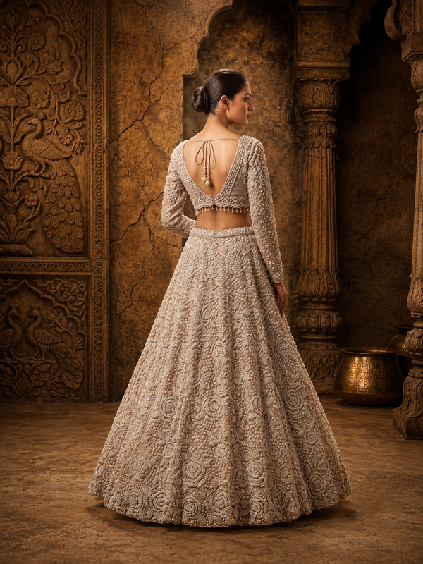 Full back profile of the mauve lehenga ensemble, highlighting the structured, fluid fall of the skirt and the elegant sheer back design of the blouse.