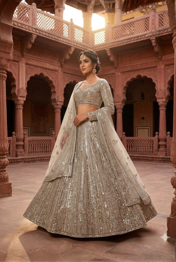 Designer net lehenga with shimmering mirror embroidery

