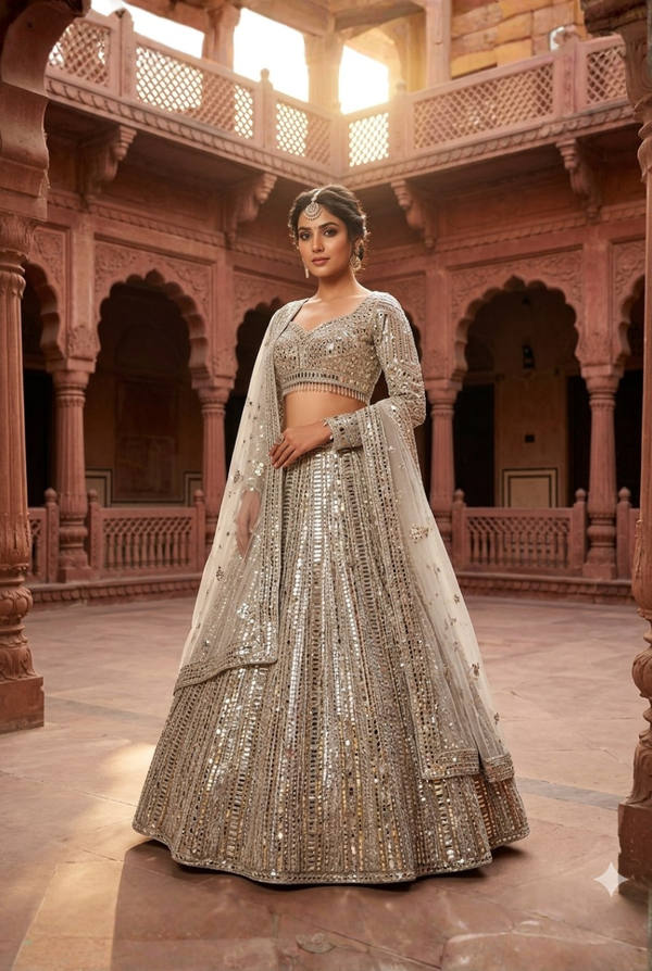 Grey lehenga with mirror and sequin work bridal wear
