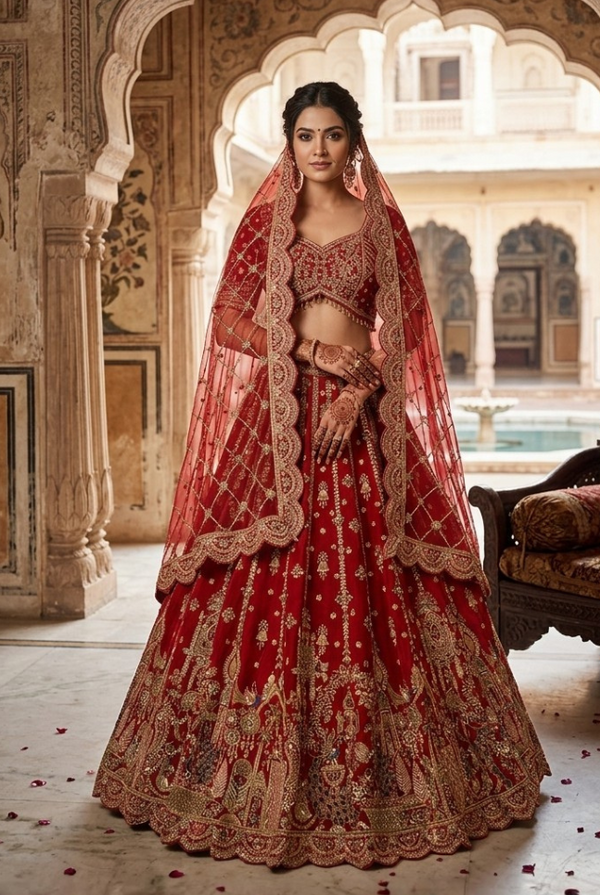 Royal red silk bridal lehenga with sequins, dori, thread and stone work, heavy designer wedding lehenga for bride
