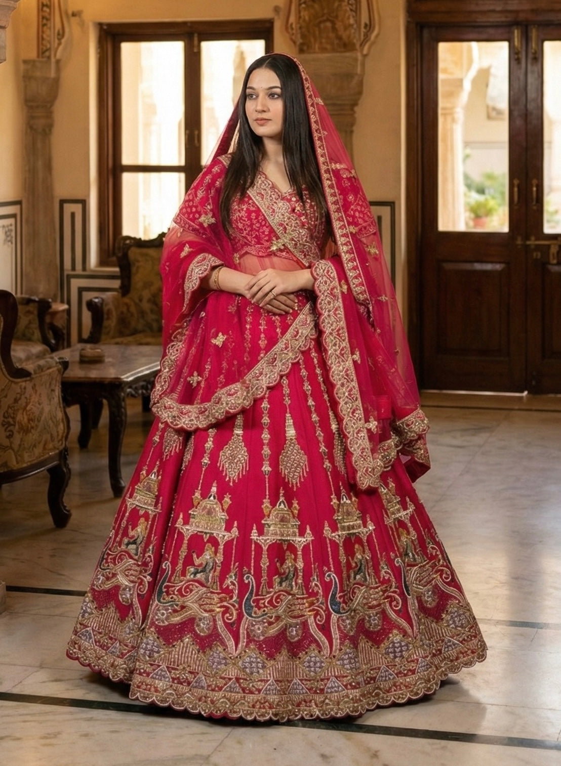 Hot pink lehenga bridal raw silk with heavy embroidery
