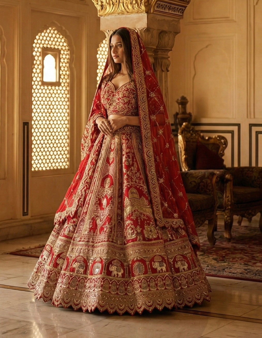 SCARLET RED RAW SILK LEHENGA