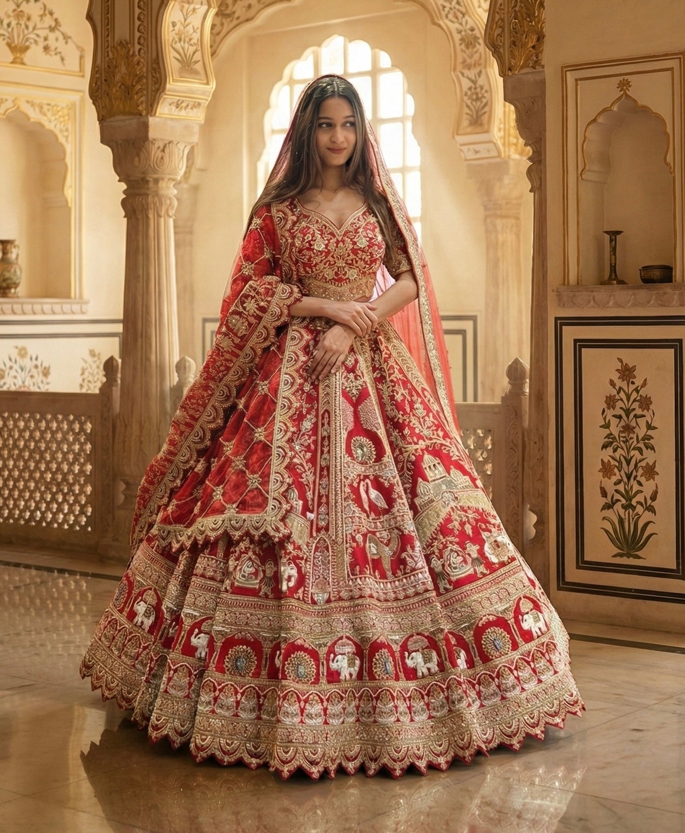 SCARLET RED RAW SILK LEHENGA