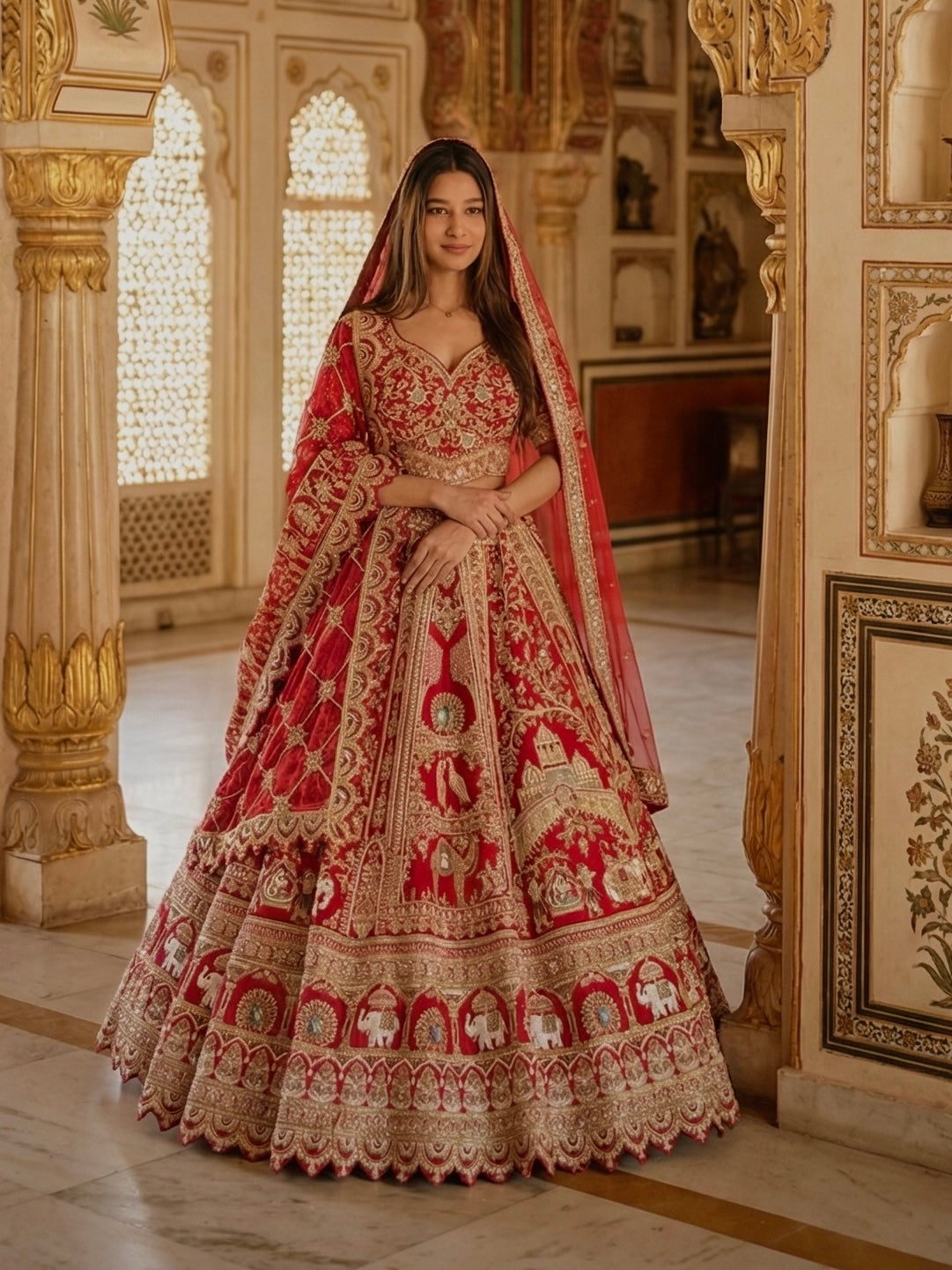 SCARLET RED RAW SILK LEHENGA