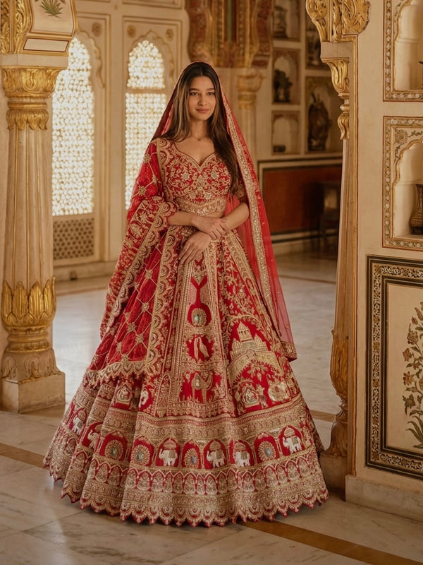 SCARLET RED RAW SILK LEHENGA