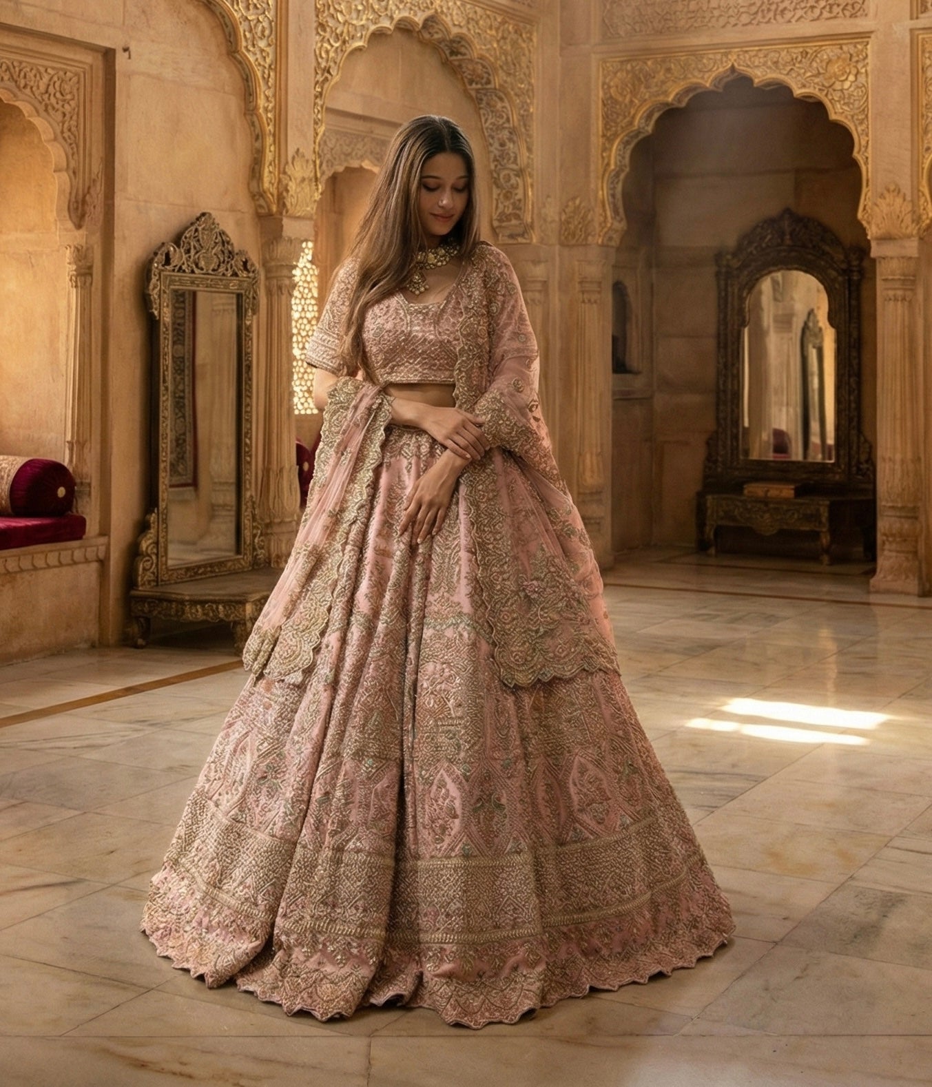BLUSH PINK ORGANZA EMBROIDERED LEHENGA