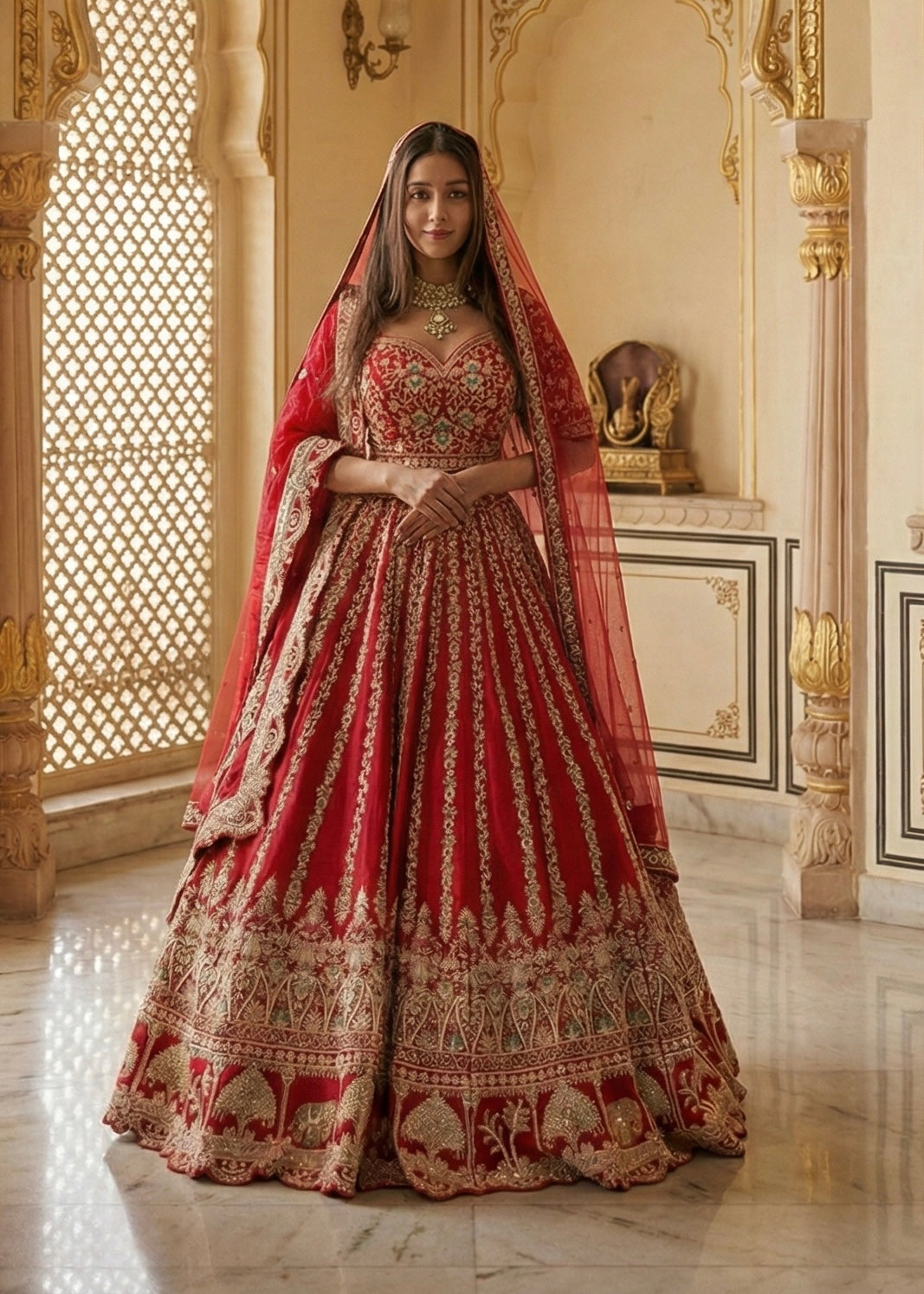 SCARLET RED RAW SILK LEHENGA