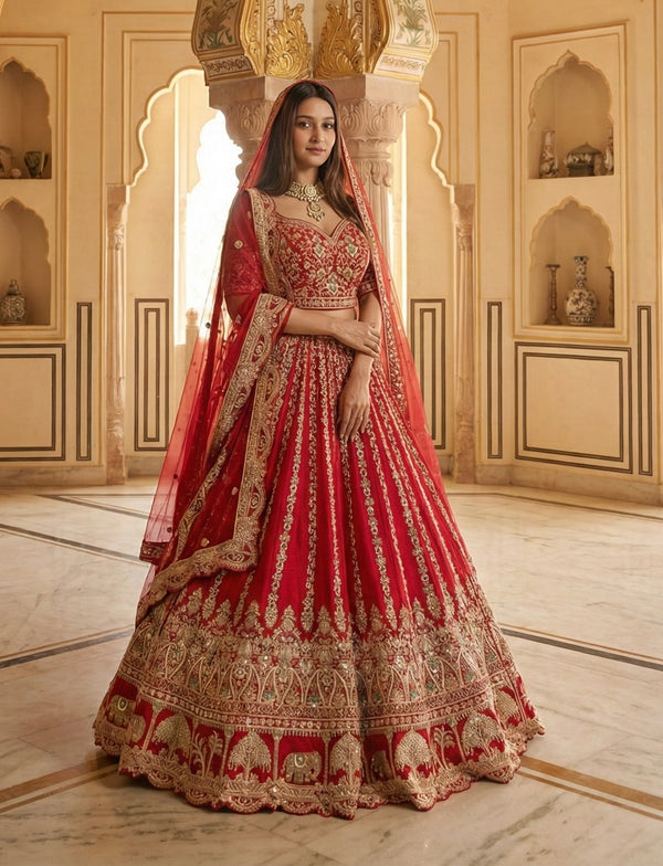 SCARLET RED RAW SILK LEHENGA