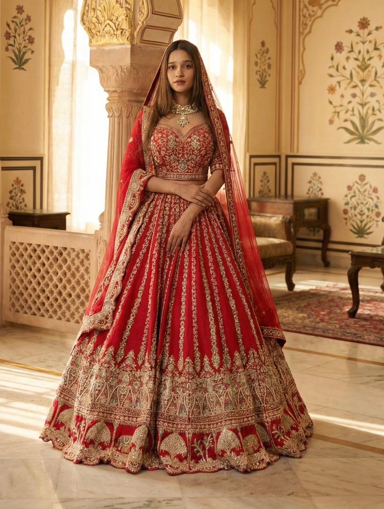 SCARLET RED RAW SILK LEHENGA