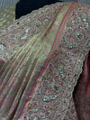 A high-angle close-up emphasizing the scalloped edge work and the crystalline shimmer of densely packed jarkan stones along the main body drape.
