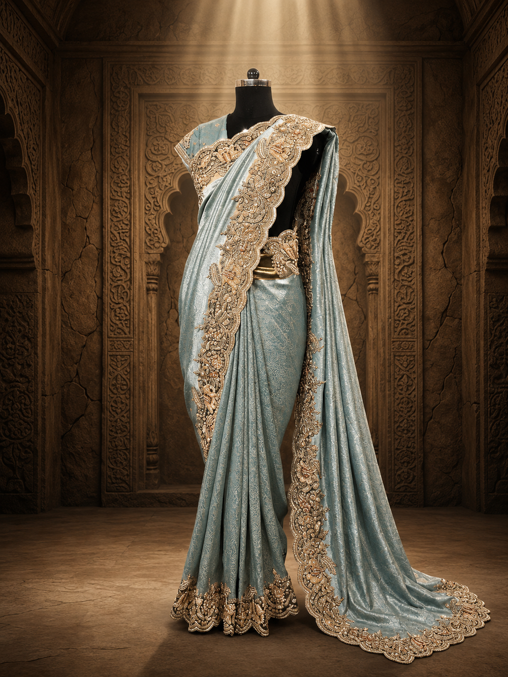 Full-length front view of a sea green Chanderi silk saree draped elegantly on a mannequin, staged against an ancient stone archway with warm overhead spotlighting.