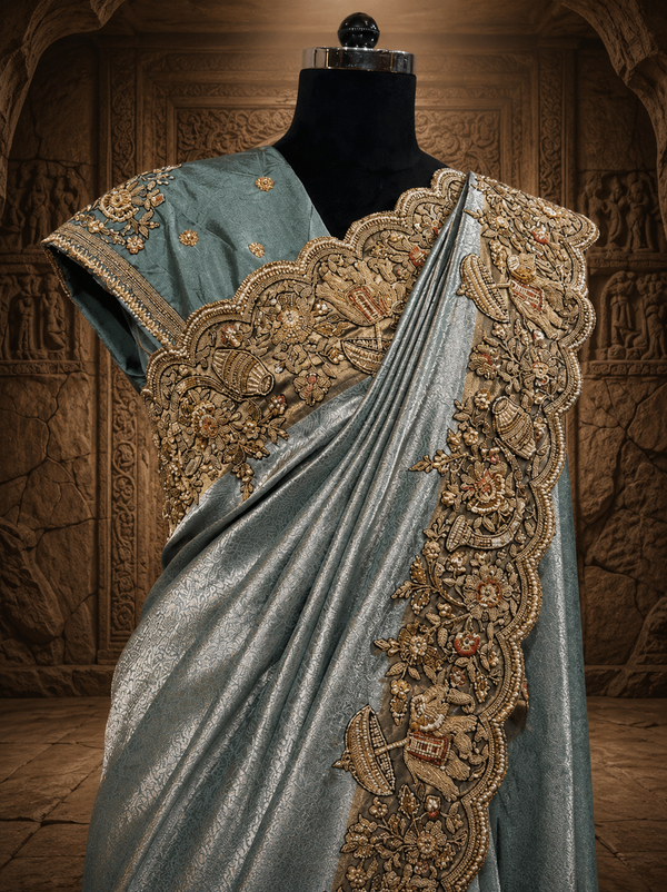 A three-quarter studio presentation on a mannequin highlighting the heavily embellished scalloped border, showing fine gold threadwork layered with pearls and a matching sea green blouse.
