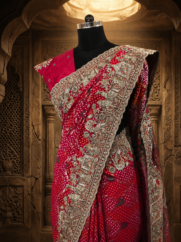 A three-quarter view showing the top portion of the drape and the accompanying Rani pink short-sleeved blouse adorned with fine scattered micro-motifs.