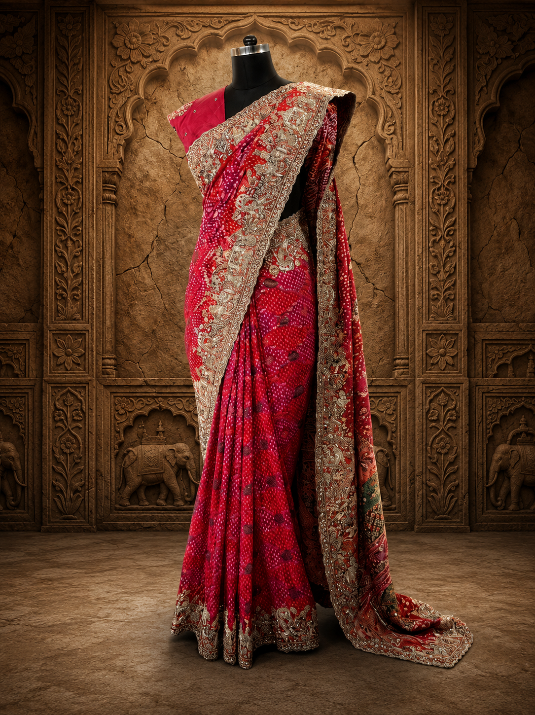 A full-length presentation of the Rani pink Bandhani Georgette saree on a mannequin, set against a beautifully carved stone background featuring traditional elephant panels.