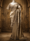 Full-length front view of a light golden Tissue silk saree draped smoothly on a mannequin, framed against an ancient carved stone archway under ambient lighting.
