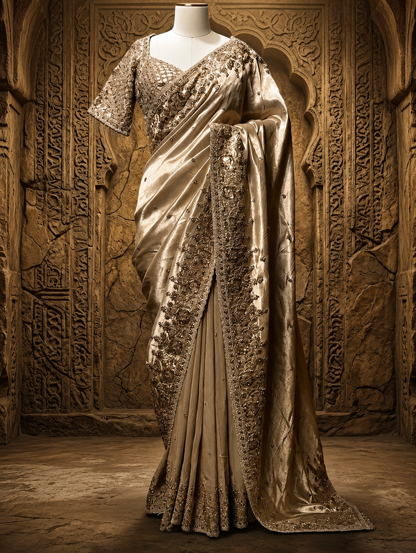 Full-length front view of a light golden Tissue silk saree draped smoothly on a mannequin, framed against an ancient carved stone archway under ambient lighting.
