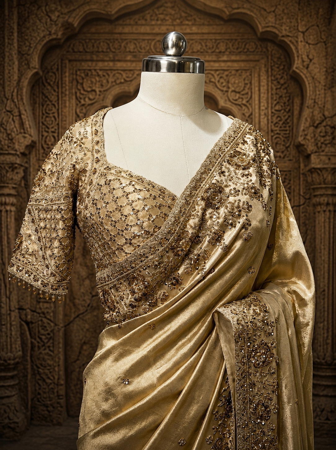 A close-up studio presentation focusing on the matching short-sleeved blouse, showcasing its dense, diamond-grid sequin work, delicate sweetheart neckline, and beaded sleeve trims.