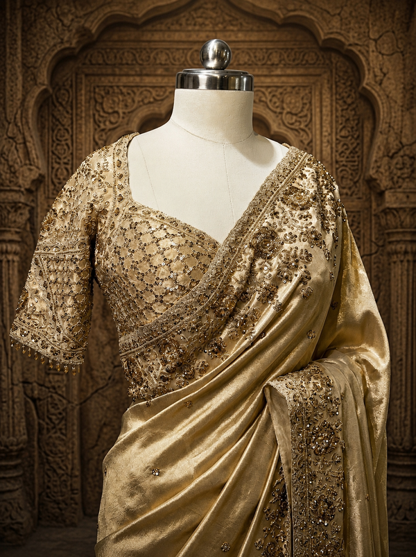 A close-up studio presentation focusing on the matching short-sleeved blouse, showcasing its dense, diamond-grid sequin work, delicate sweetheart neckline, and beaded sleeve trims.