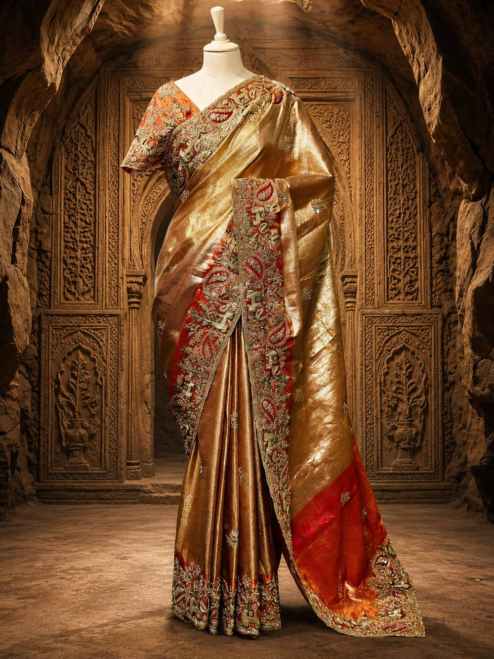 A front-angle view focusing on the upper torso of the mannequin, highlighting the meticulously tailored matching blouse and the contrast of the bright embroidered border across the shoulder.
