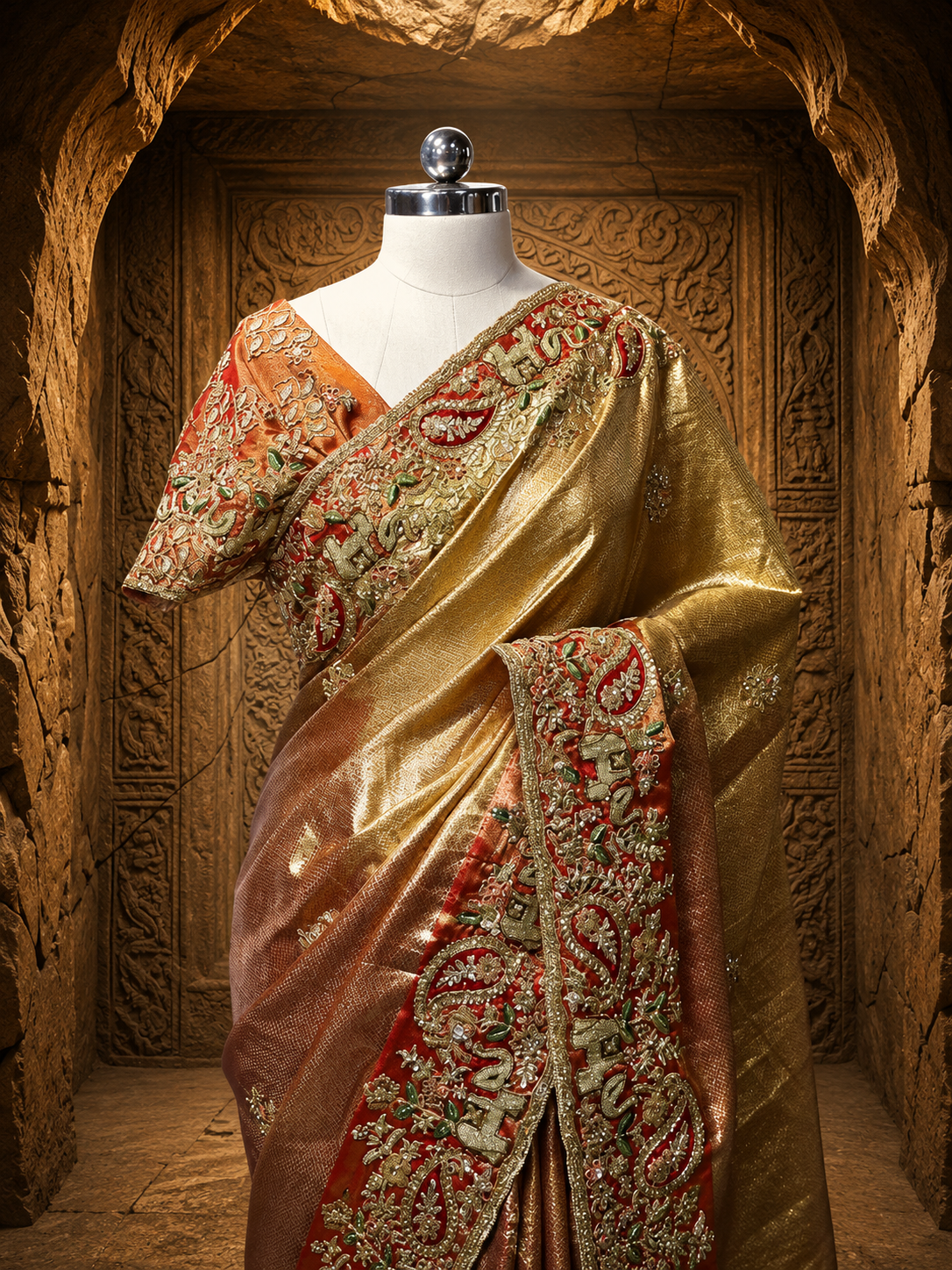 A grand full-length view of the rust and orange Tissue silk saree elegantly draped on a mannequin, showcased inside an ancient carved stone chamber with warm dramatic lighting.