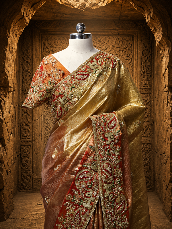A grand full-length view of the rust and orange Tissue silk saree elegantly draped on a mannequin, showcased inside an ancient carved stone chamber with warm dramatic lighting.