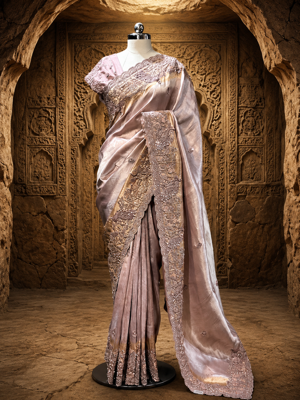 A grand full-length view of the mauve tissue silk saree beautifully draped on a mannequin with a circular black floor base, showcasing the flowing scalloped pallu inside a rustic carved stone chamber.