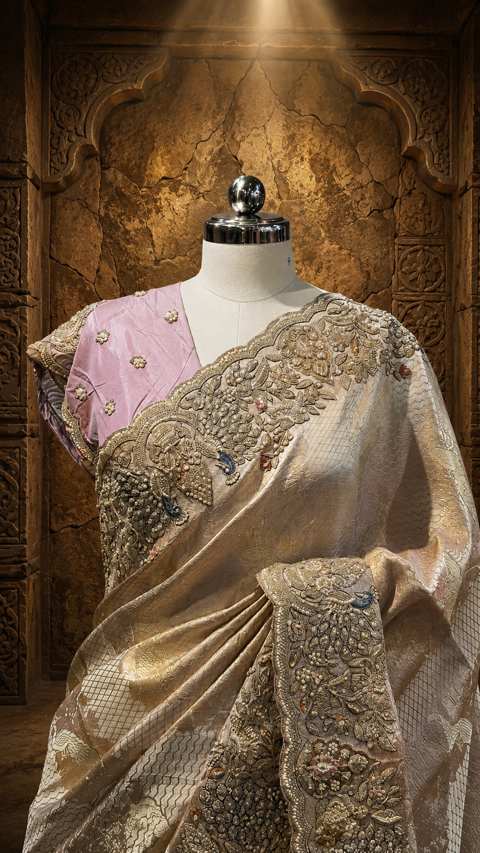 A close-up portrait view focusing on the upper bodice of the mannequin, showcasing the contrasting pastel pink blouse embellished with small pearl details alongside the heavy peacock border resting over the shoulder.
