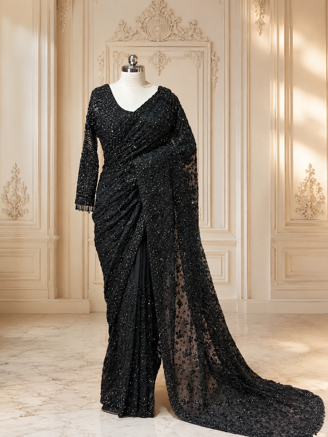 A grand full-length presentation of the midnight black net saree draped on a mannequin, showcasing the heavily detailed pallu trailing across a polished marble floor within a classic cream-colored European wall panel setting.