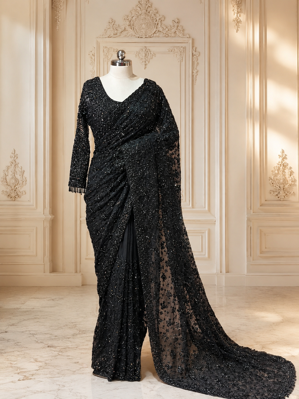 A grand full-length presentation of the midnight black net saree draped on a mannequin, showcasing the heavily detailed pallu trailing across a polished marble floor within a classic cream-colored European wall panel setting.