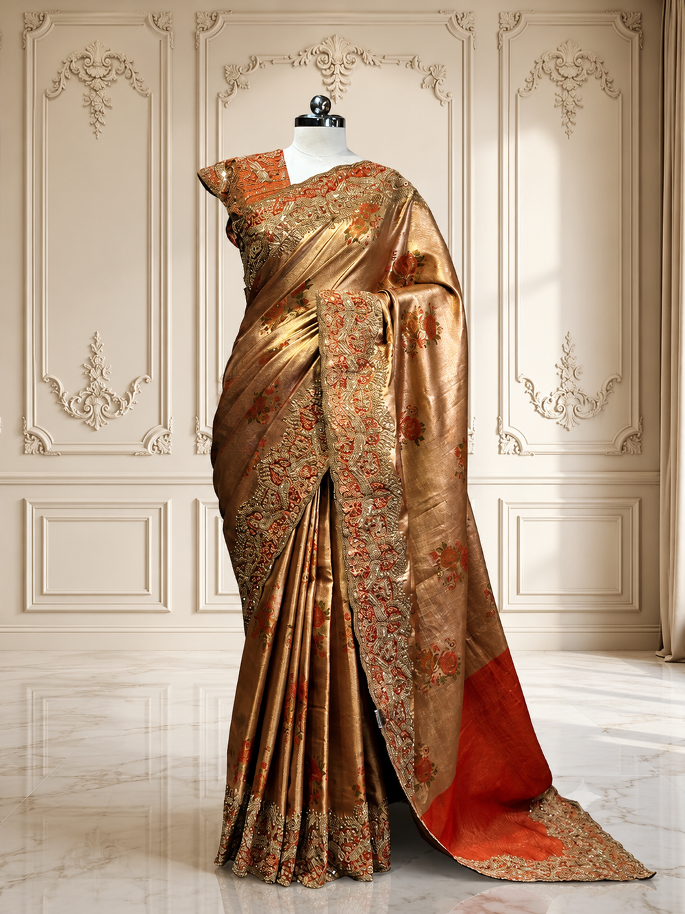 A striking full-length view of the metallic rust tissue silk saree draped on a mannequin, showcasing its shimmering gold glaze, allover floral motifs, heavy traditional borders, and a bright red contrast panel at the lower drape.