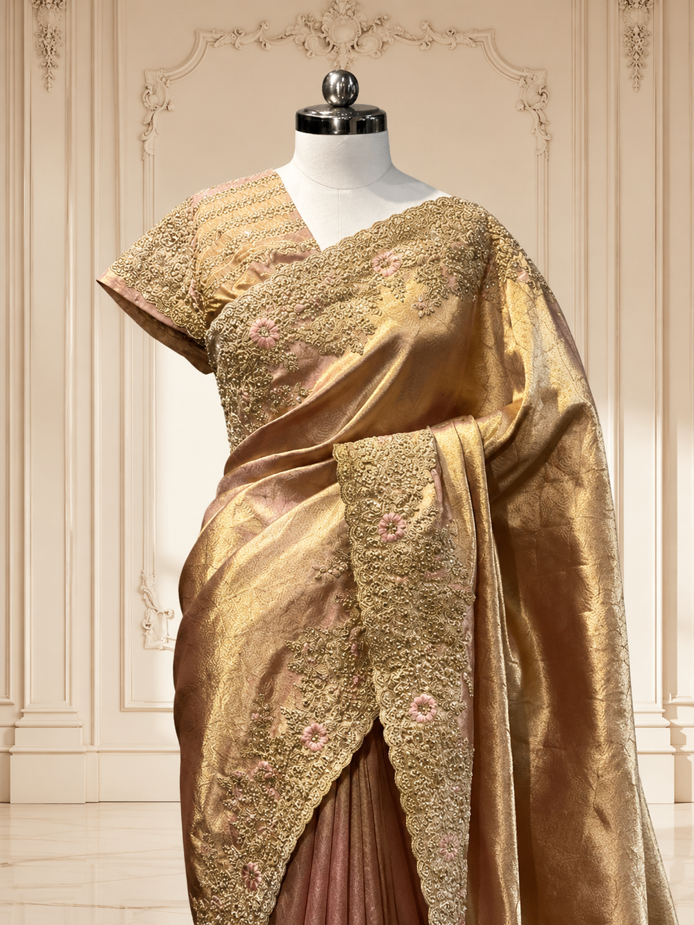 A medium full-length showcase of the shimmering gazri tissue silk saree elegantly draped on a mannequin, highlighting the heavy golden scalloped borders and floral threadwork accents against a classical cream wall backdrop.