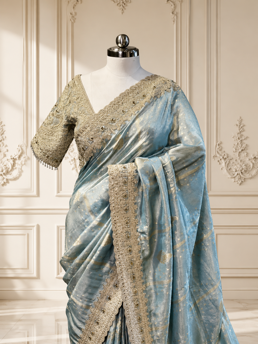A rear view of the mannequin highlighting the beautifully tailored blouse, showcasing a deep scoop back detailed with dense golden embroidery and a delicate dori tie-up with pearl tassels.