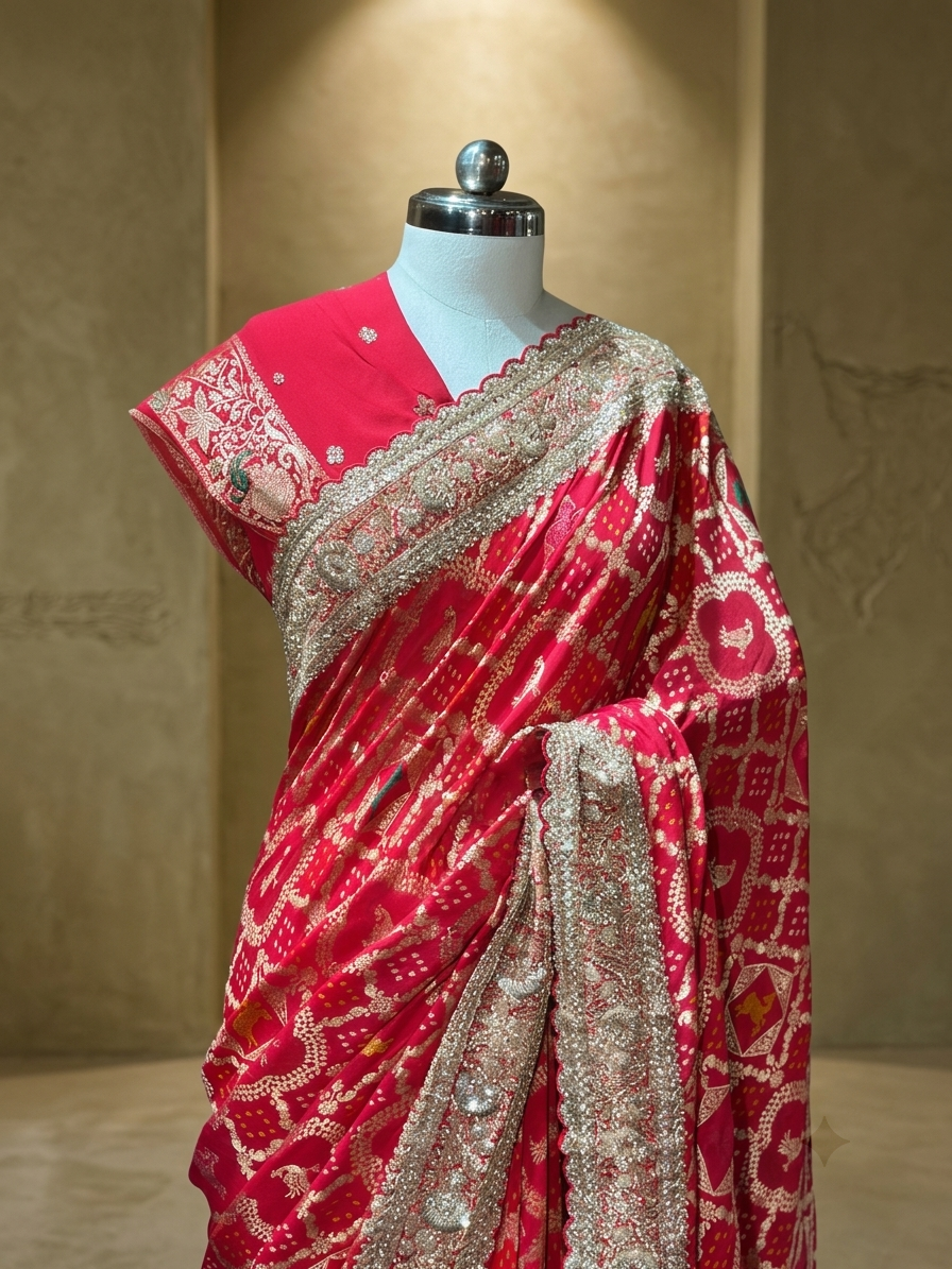 Medium portrait shot of the upper torso and shoulder drape, capturing the fine scalloped neckline edge of the blouse and the rich texture of the saree border.
