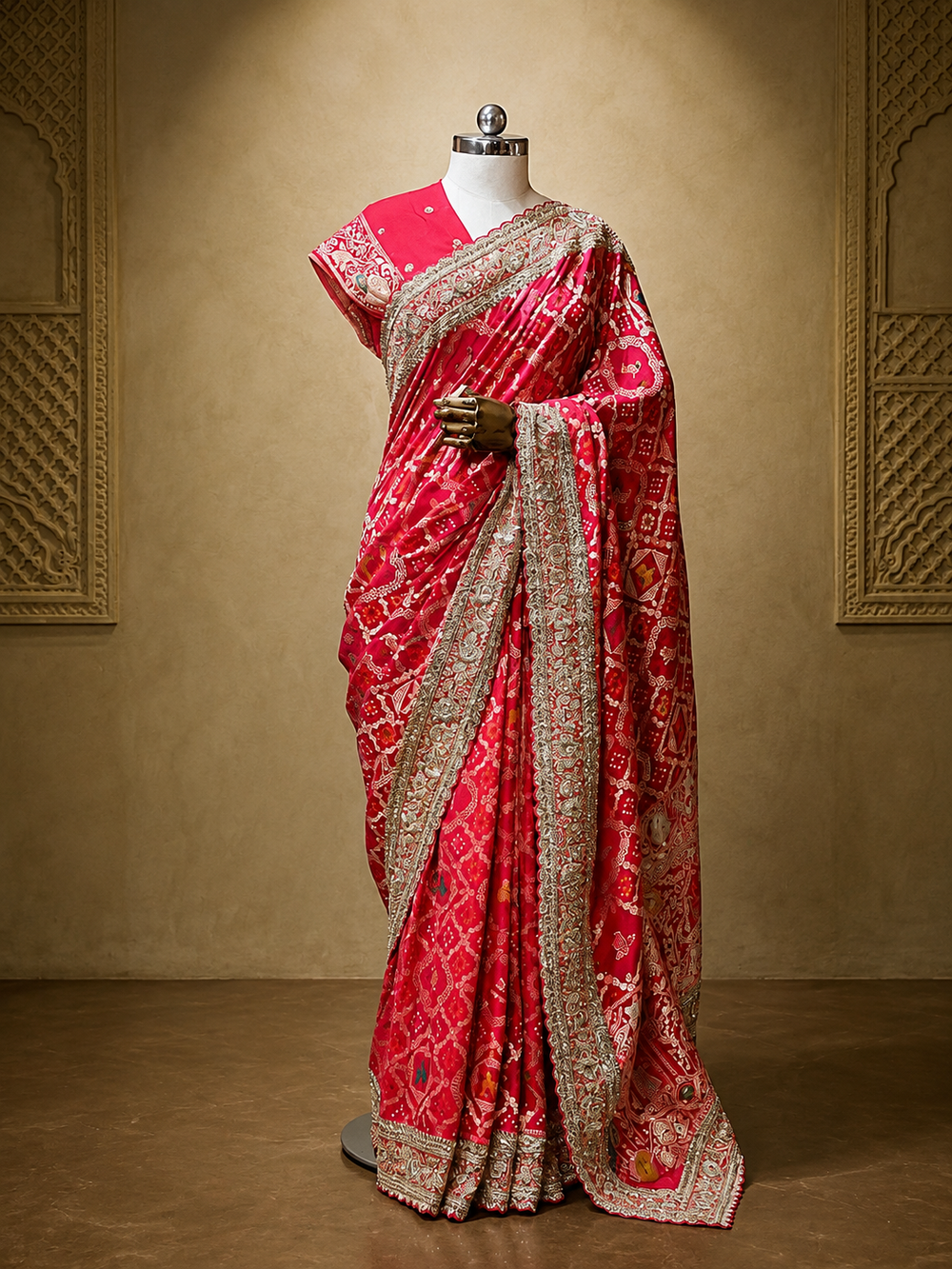 Full-length mannequin display of a vibrant Rani pink georgette saree featuring intricate Bandhani prints, golden woven motifs, and a heavy scalloped embellished border set against a warm arched backdrop.
