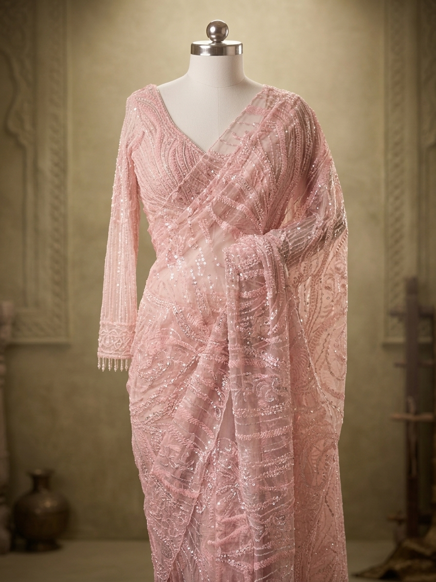  Medium shot of a blush pink soft net saree displayed on a mannequin, highlighting the full-sleeved V-neck blouse with pearl tassel wrist details and linear sequin embroidery across the chest and pallu.