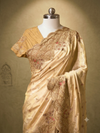 Medium shot of the mannequin focusing on the upper body drape and blouse, highlighting the arched scalloped pallu and embroidered sleeve details.