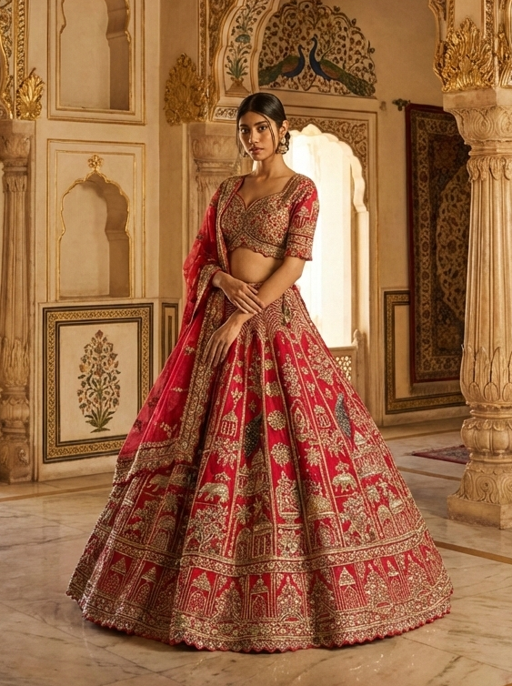 Koral Red Zardozi Bridal Lehenga
