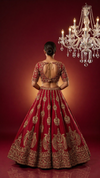 Coral Red Silk Bridal Lehenga Set with Zardozi Work