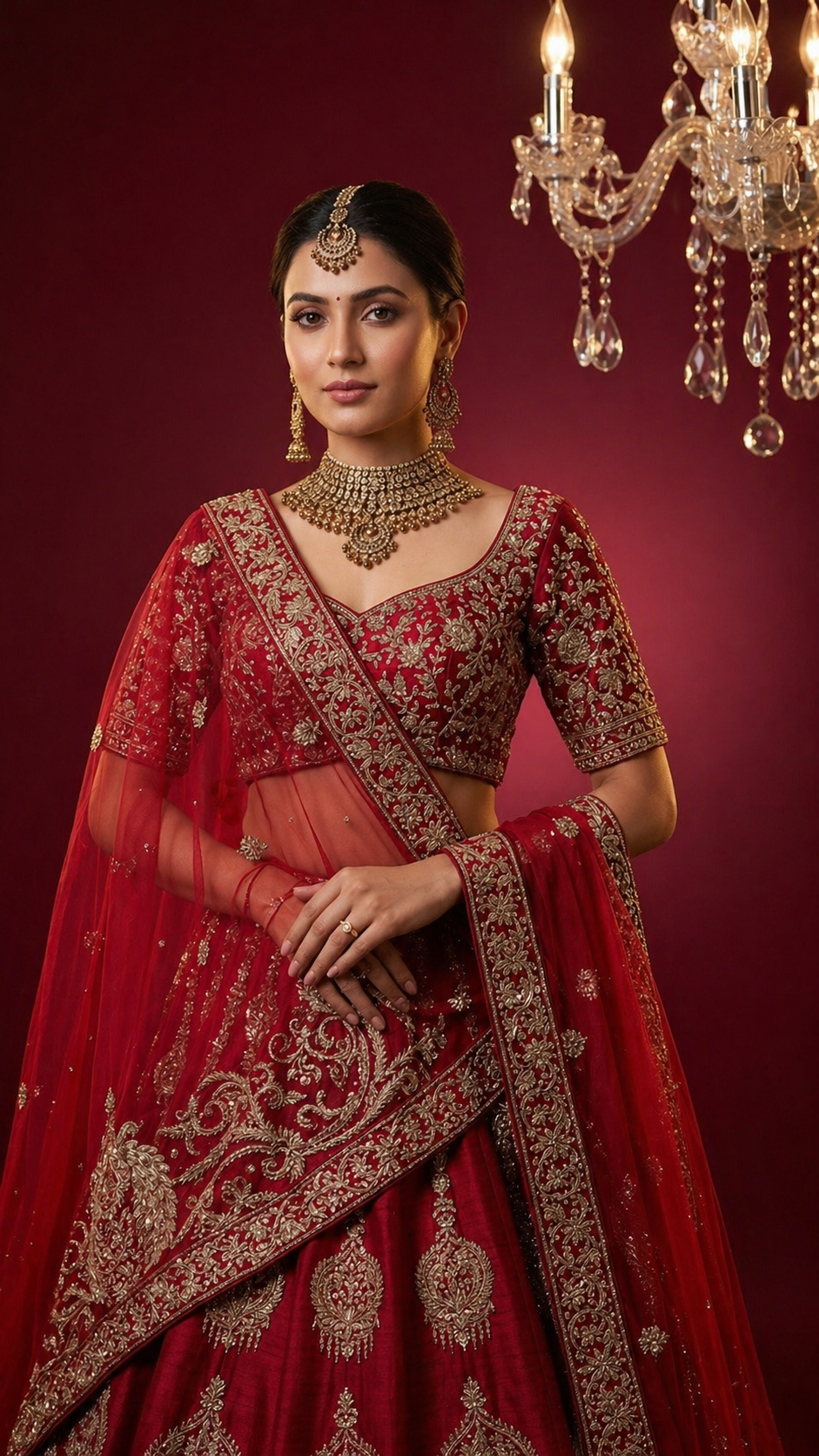 Coral Red Silk Bridal Lehenga Set with Zardozi Work