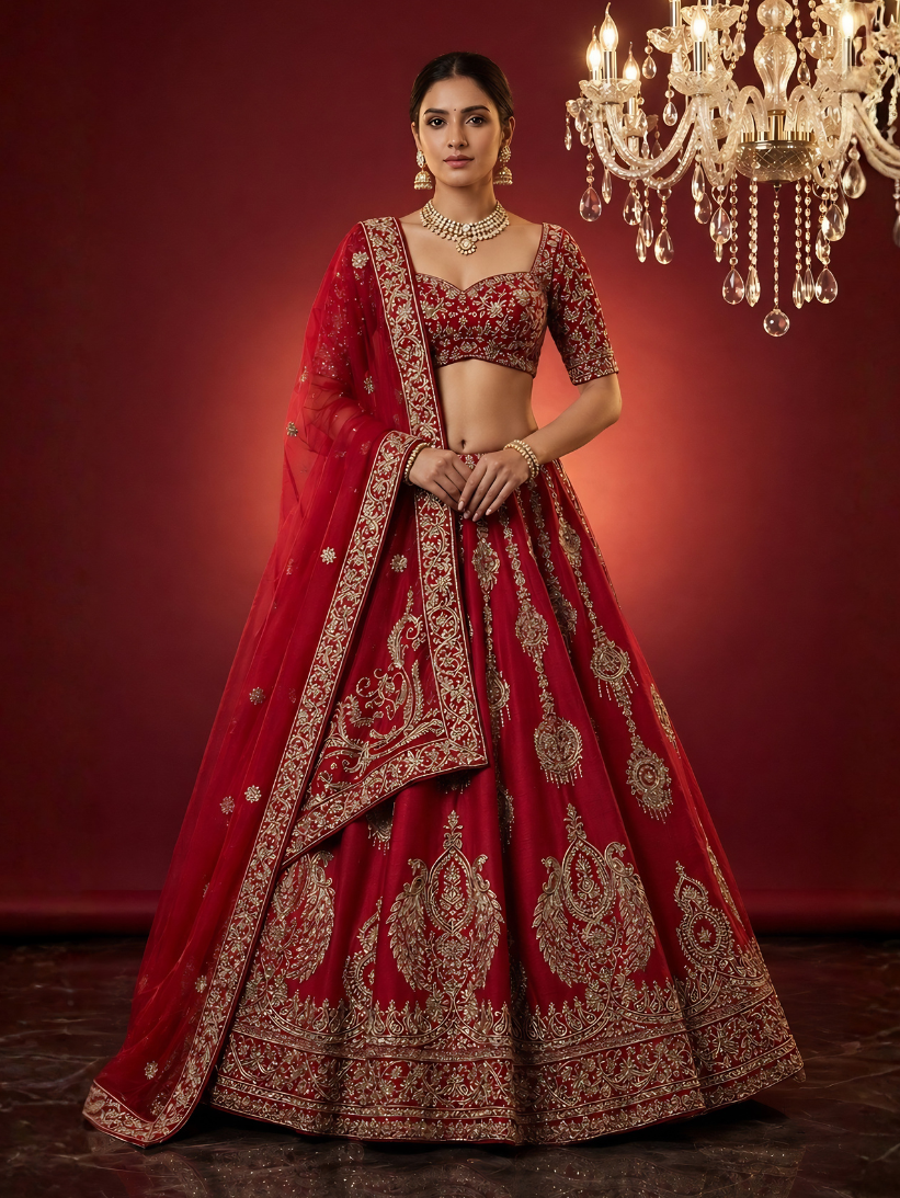 Coral Red Silk Bridal Lehenga Set with Zardozi Work