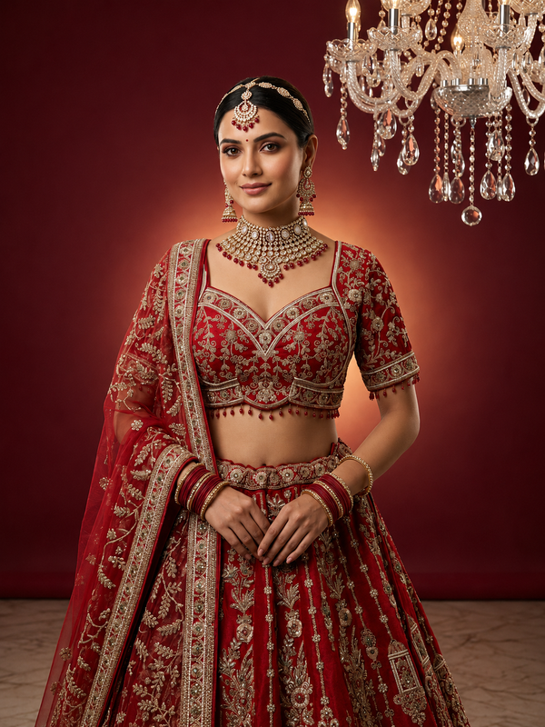 Red Bridal Lehenga with Handwork, Zari & Pearl Detailing