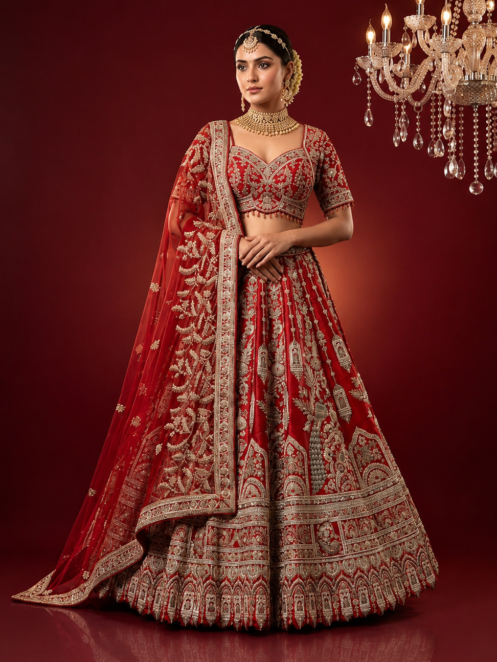 Red Bridal Silk Lehenga with Handwork & Pearl Detailing