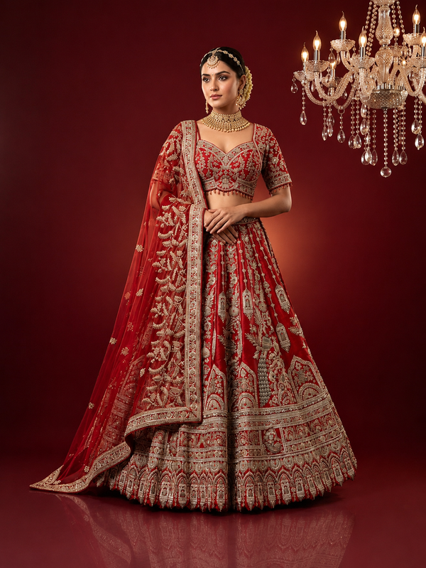 Red Bridal Lehenga with Handwork, Zari & Pearl Detailing