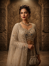 Full-length front view of a model wearing a voluminous light grey net lehenga with vertical sequin trails and a deep neckline choli under a crystal chandelier.