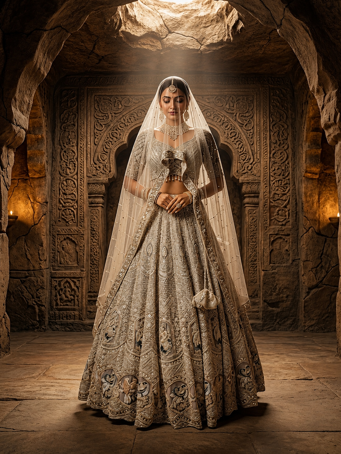 Portrait view of the model showcasing the matching light grey choli with a wide neckline framed in dense cut bead borders.